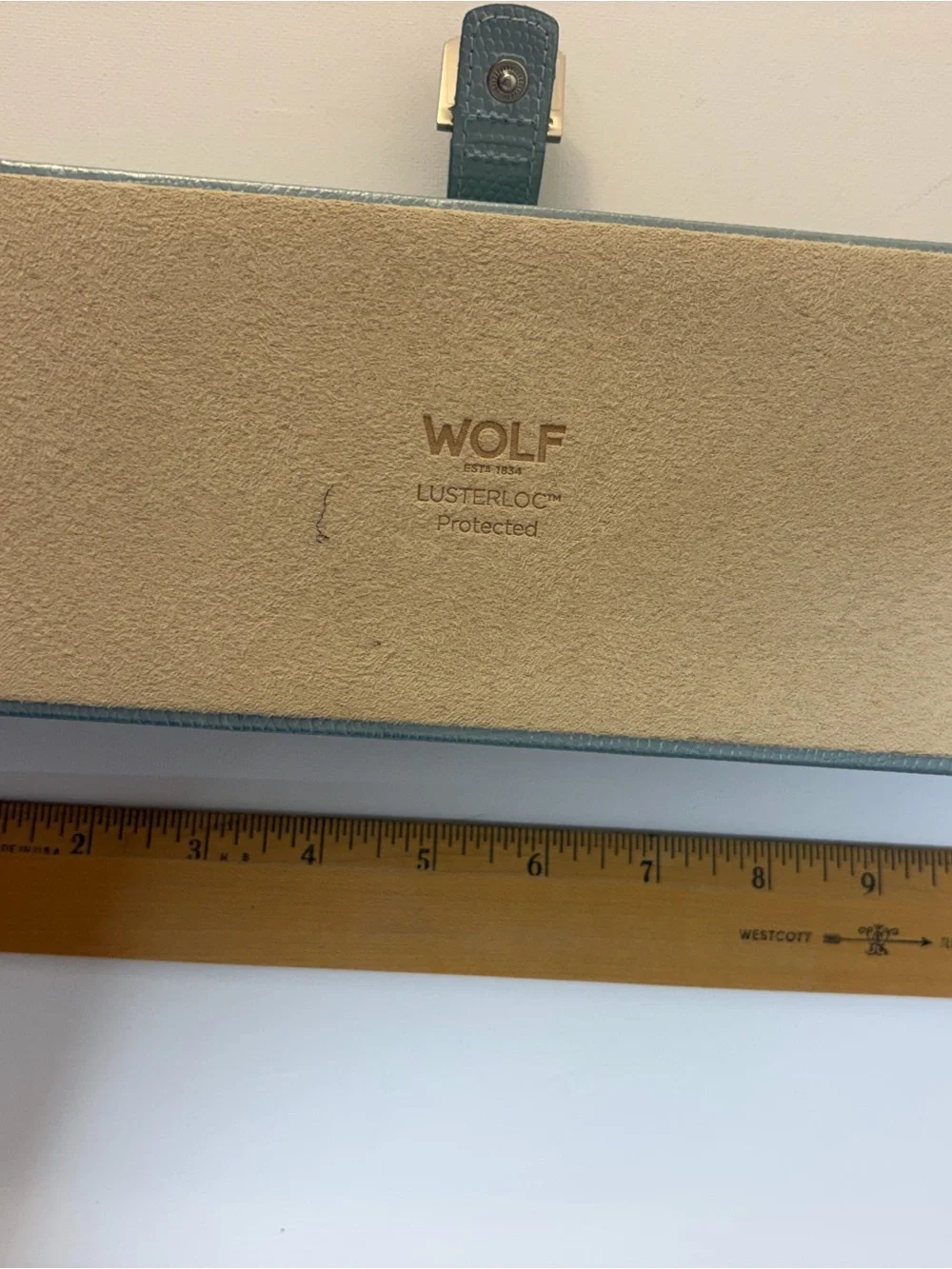WOLF teal and beige Jewelry Organizer Box with Ring Rolls